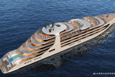 Top-down view of a luxurious multi-deck white superyacht with sun loungers and pool areas on the deck