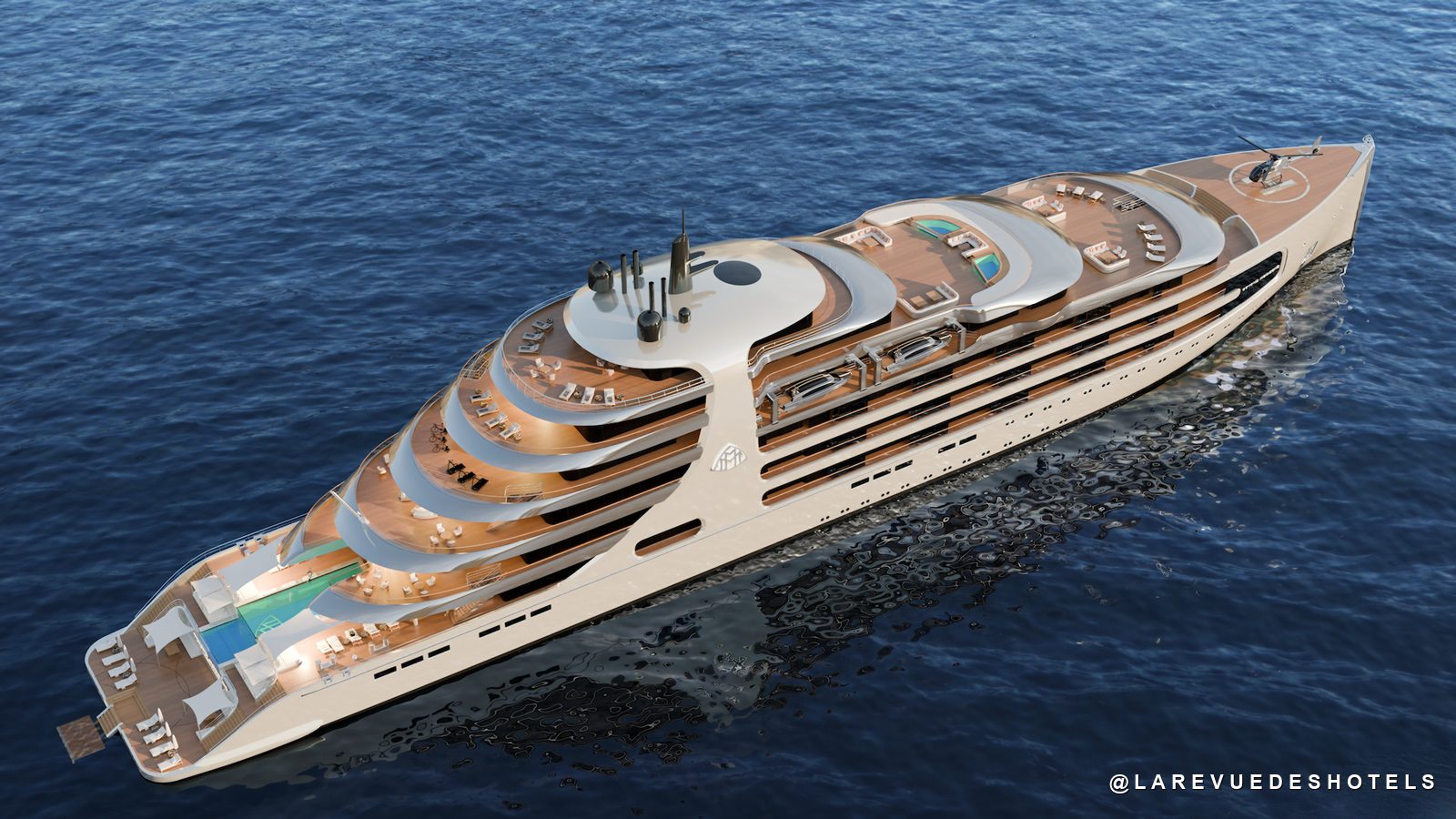 Top-down view of a luxurious multi-deck white superyacht with sun loungers and pool areas on the deck