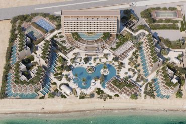 Rendering aérien du MGallery Rhodes, resort adults-only de 222 clés avec piscines lagon face à la plage de Kallithéa