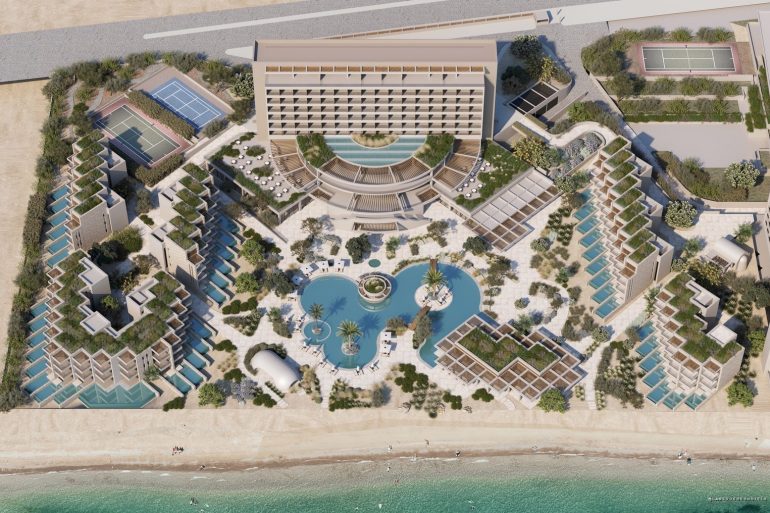 Rendering aérien du MGallery Rhodes, resort adults-only de 222 clés avec piscines lagon face à la plage de Kallithéa