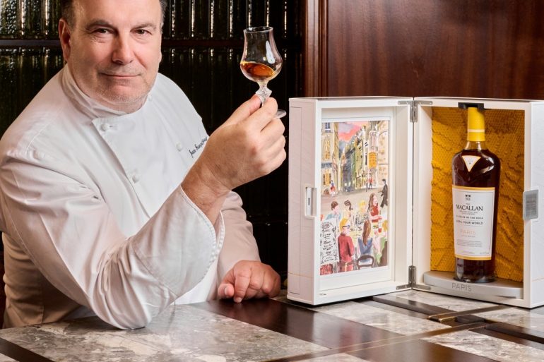 Le chef Jean-François Rouquette et la collection The Macallan Distil Your World Paris au restaurant Pur du Park Hyatt Paris-Vendôme