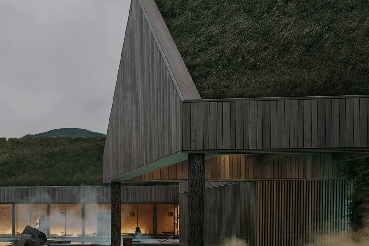 Le bassin extérieur de Reykjaböð et son bâtiment au toit végétalisé