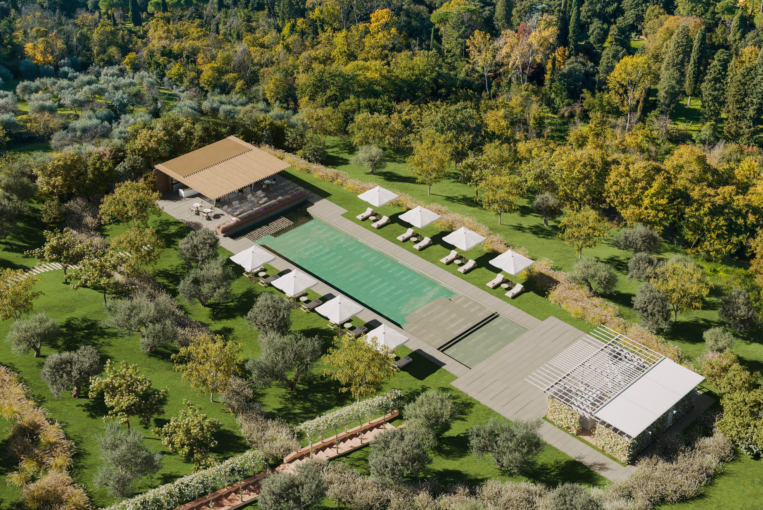 Vue aérienne du domaine de Borgo Pignano Florence et de sa piscine de trente mètres