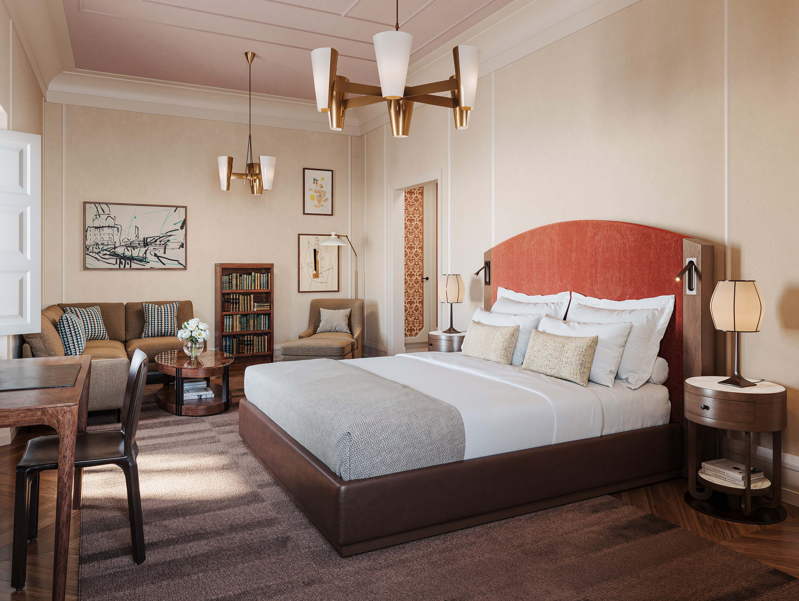 Une chambre de Borgo Pignano Florence, bois sombres et tête de lit rouge