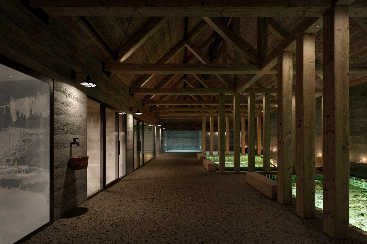 La galerie intérieure de Reykjaböð, sous une charpente de bois sombre
