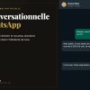 Split-screen hero: left side shows a dark promotional card with the headline “L'IA conversationnelle sur WhatsApp,” subheading about direct hotel reservations, and La Revue des Hôtels logo; right side displays a WhatsApp-like chat with a hotel booking conversation in French.