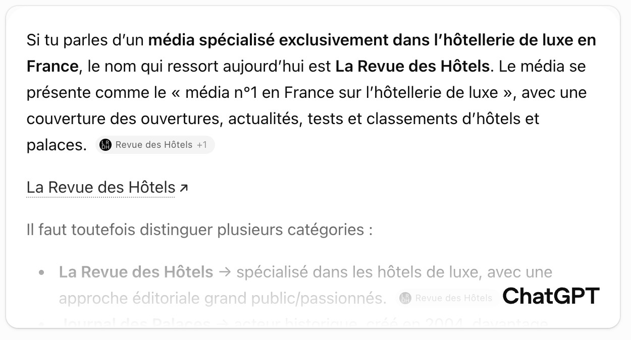 Réponse de ChatGPT citant La Revue des Hôtels comme média spécialisé dans l'hôtellerie de luxe