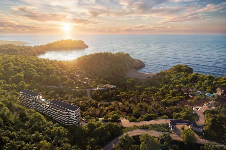 Vue aérienne du futur Maravé Manuel Antonio, LXR Hotels & Resorts sur la côte Pacifique du Costa Rica