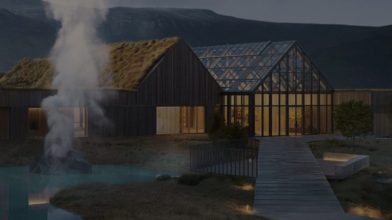 Le pavillon de bain du lagon géothermique Reykjaböð, à l'entrée de la vallée de Reykjadalur