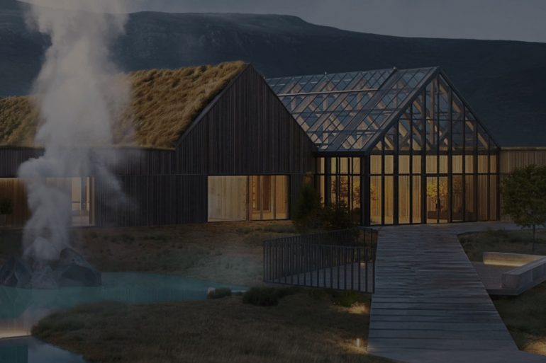 Le pavillon de bain du lagon géothermique Reykjaböð, à l'entrée de la vallée de Reykjadalur