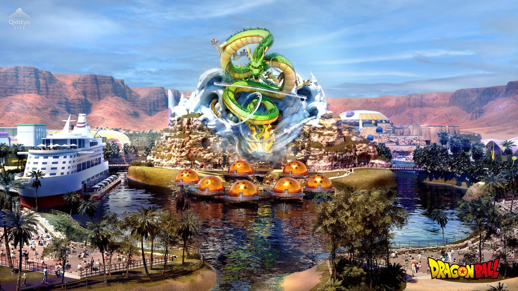 Vue d'artiste générée par IA d'un parc à thème Dragon Ball, illustrant le projet de Cergy-Pontoise