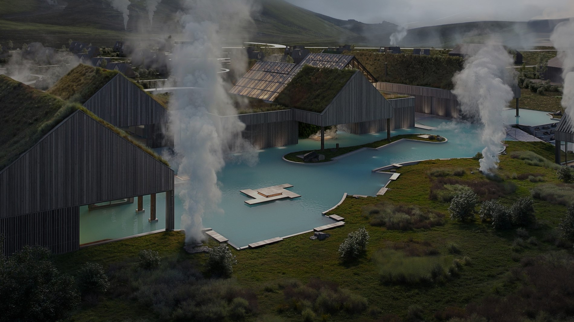 Les bassins et les pavillons au toit végétalisé du lagon géothermique Reykjaböð, en Islande