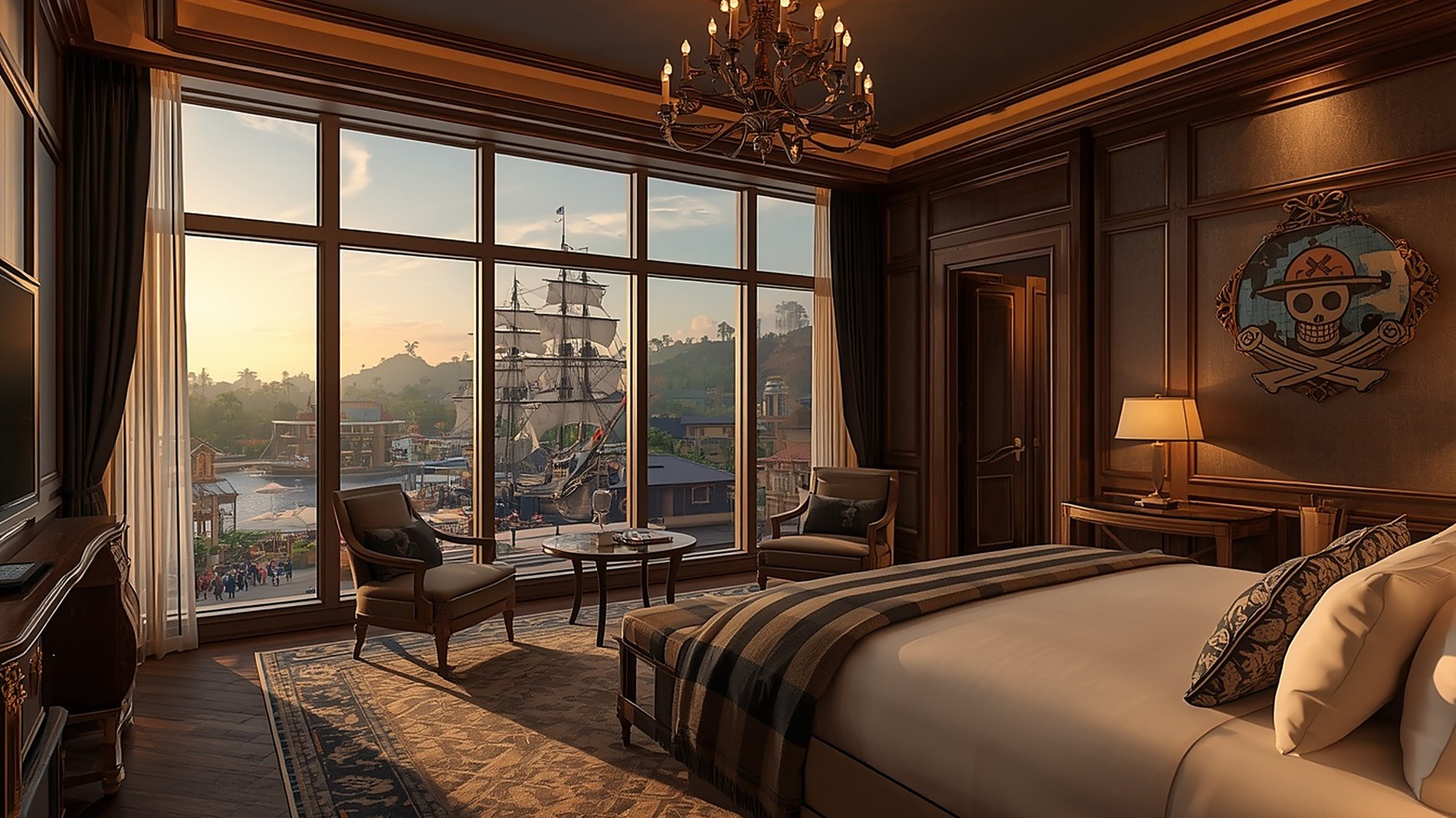 Vue d'artiste générée par IA d'une chambre d'hôtel à thème manga ouverte sur un lagon