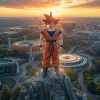 Vue d'artiste générée par IA d'un parc à thème Dragon Ball, illustrant le projet de Cergy-Pontoise