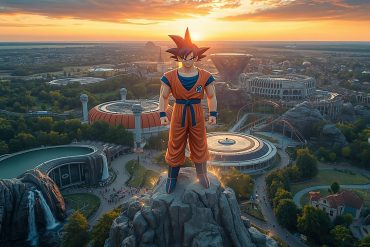 Vue d'artiste générée par IA d'un parc à thème Dragon Ball, illustrant le projet de Cergy-Pontoise