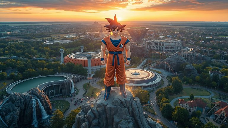 Vue d'artiste générée par IA d'un parc à thème Dragon Ball, illustrant le projet de Cergy-Pontoise