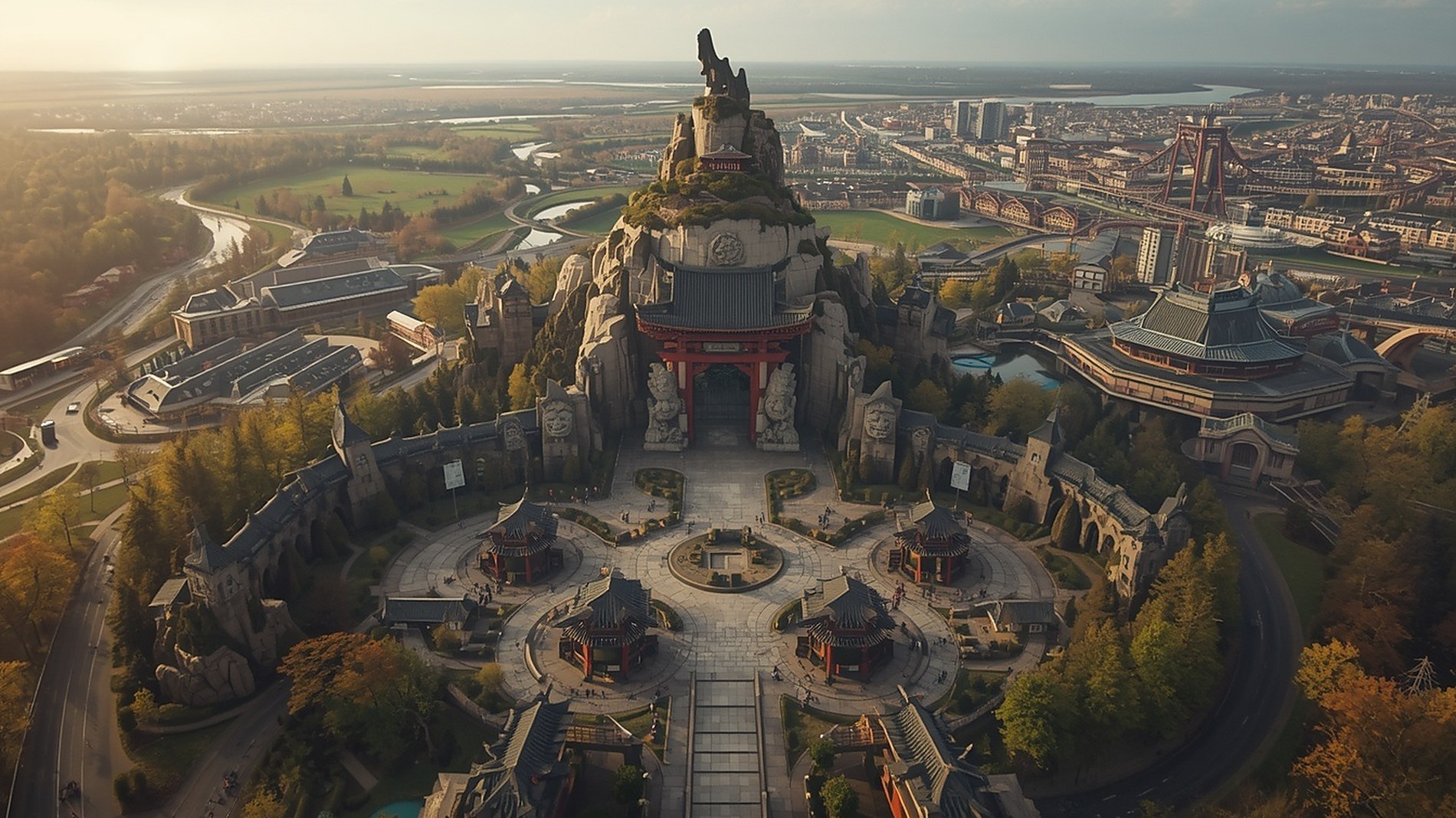 Vue d'artiste générée par IA d'un parc à thème manga vu du ciel, avec une montagne sculptée en son centre