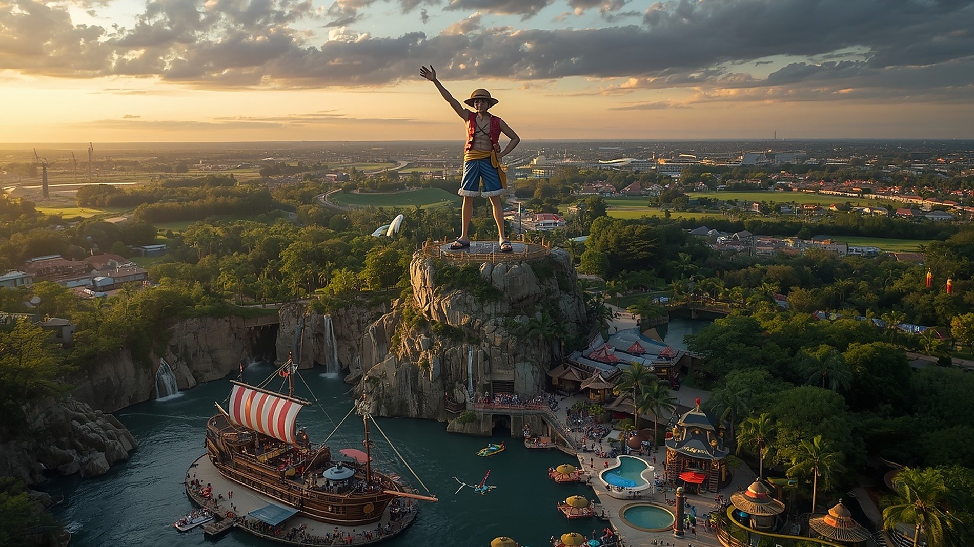 Vue d'artiste générée par IA d'un parc à thème One Piece organisé autour d'un lagon et de navires