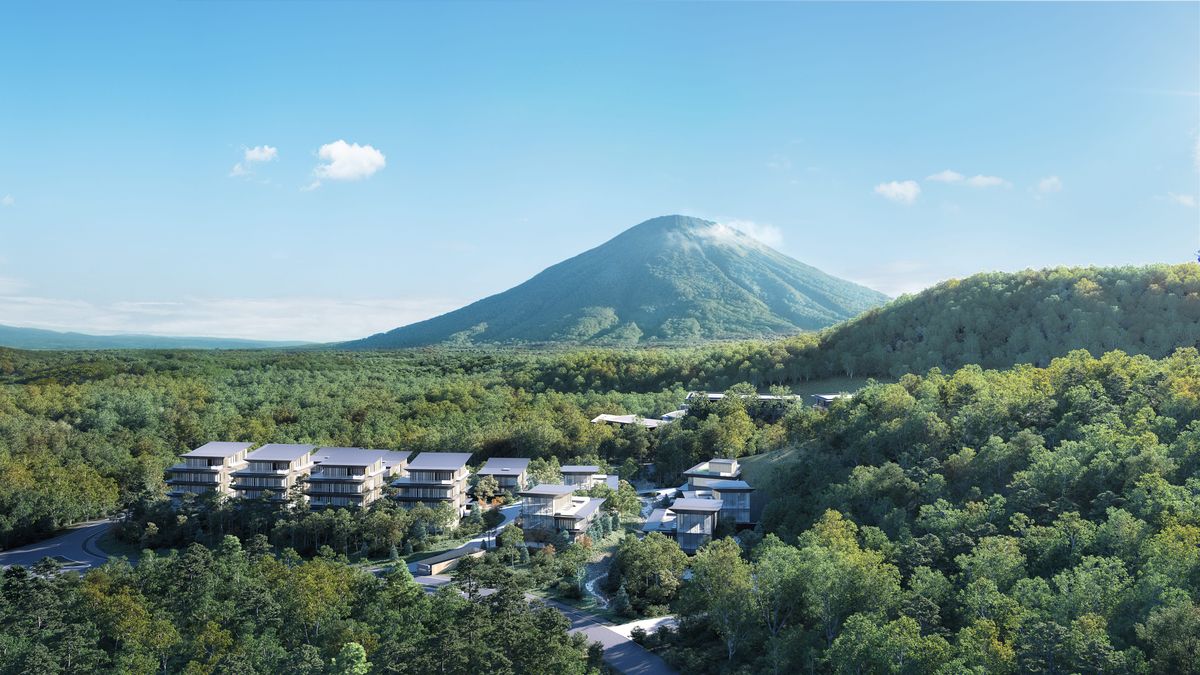 Vue aérienne du domaine de Hanazono à Niseko, face au mont Yotei, où s'élèveront les treize villas Park Hyatt