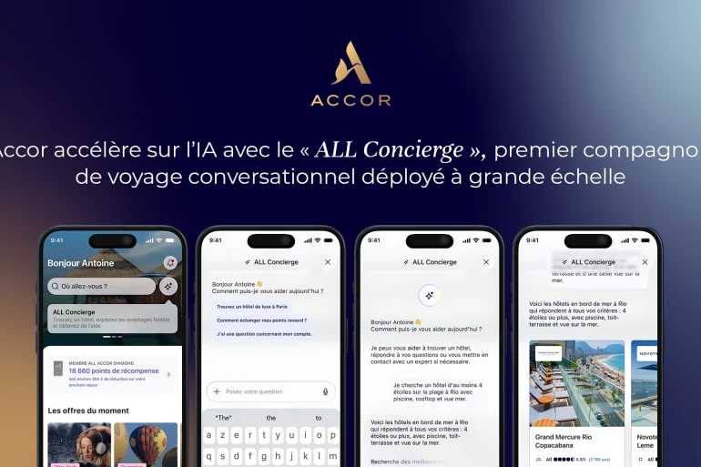 Écrans de l’application ALL Accor montrant une conversation avec l’assistant ALL Concierge