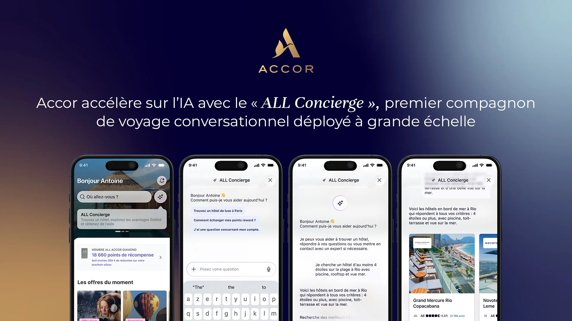Écrans de l’application ALL Accor montrant une conversation avec l’assistant ALL Concierge