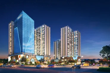 Rendu de nuit de l'hôtel Avani+ Hanoi dans le complexe Hinode City, à Hanoï