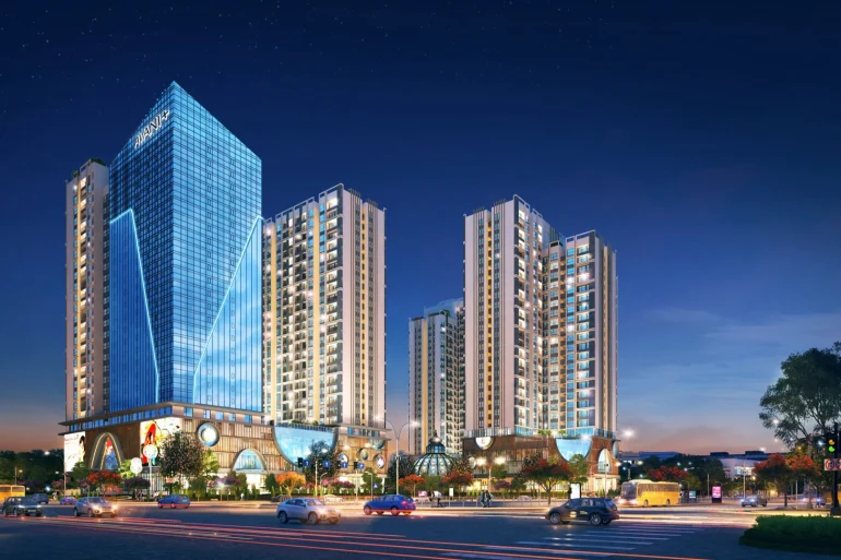 Rendu de nuit de l'hôtel Avani+ Hanoi dans le complexe Hinode City, à Hanoï