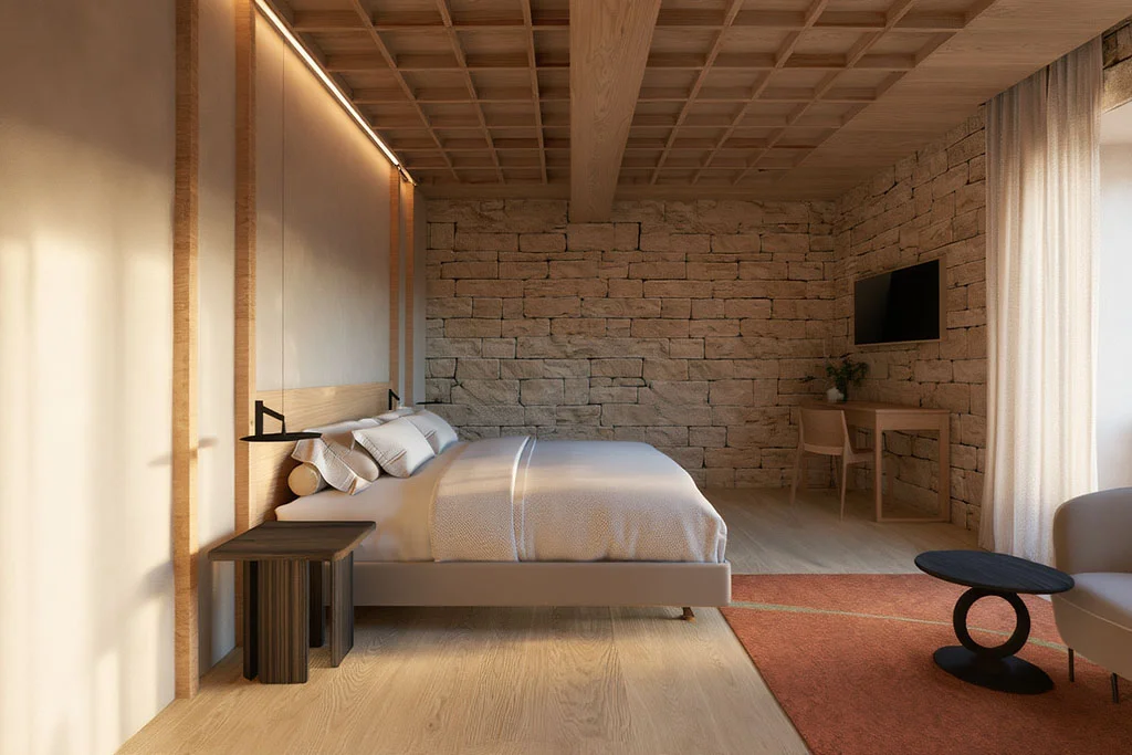 Une chambre du Palacio de Avellaneda aux murs de pierre apparente