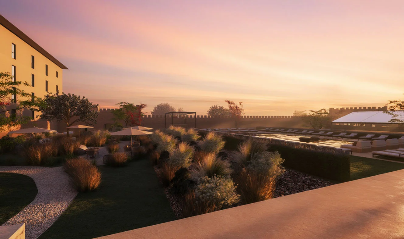 Le Castilla Termal Palacio de Avellaneda et ses jardins au crépuscule