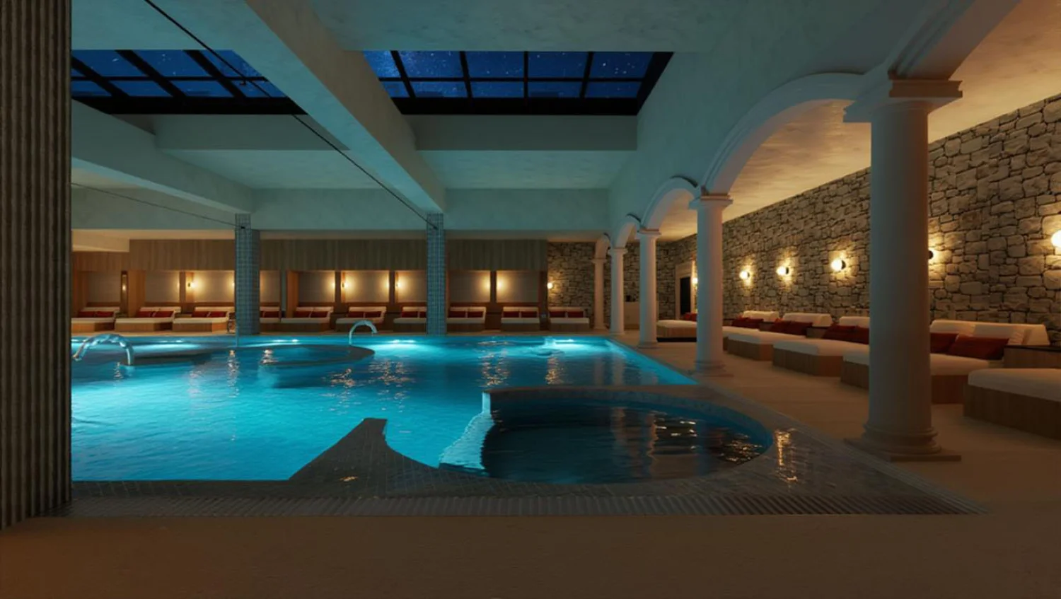 Le bassin thermal du Palacio de Avellaneda en éclairage de soirée