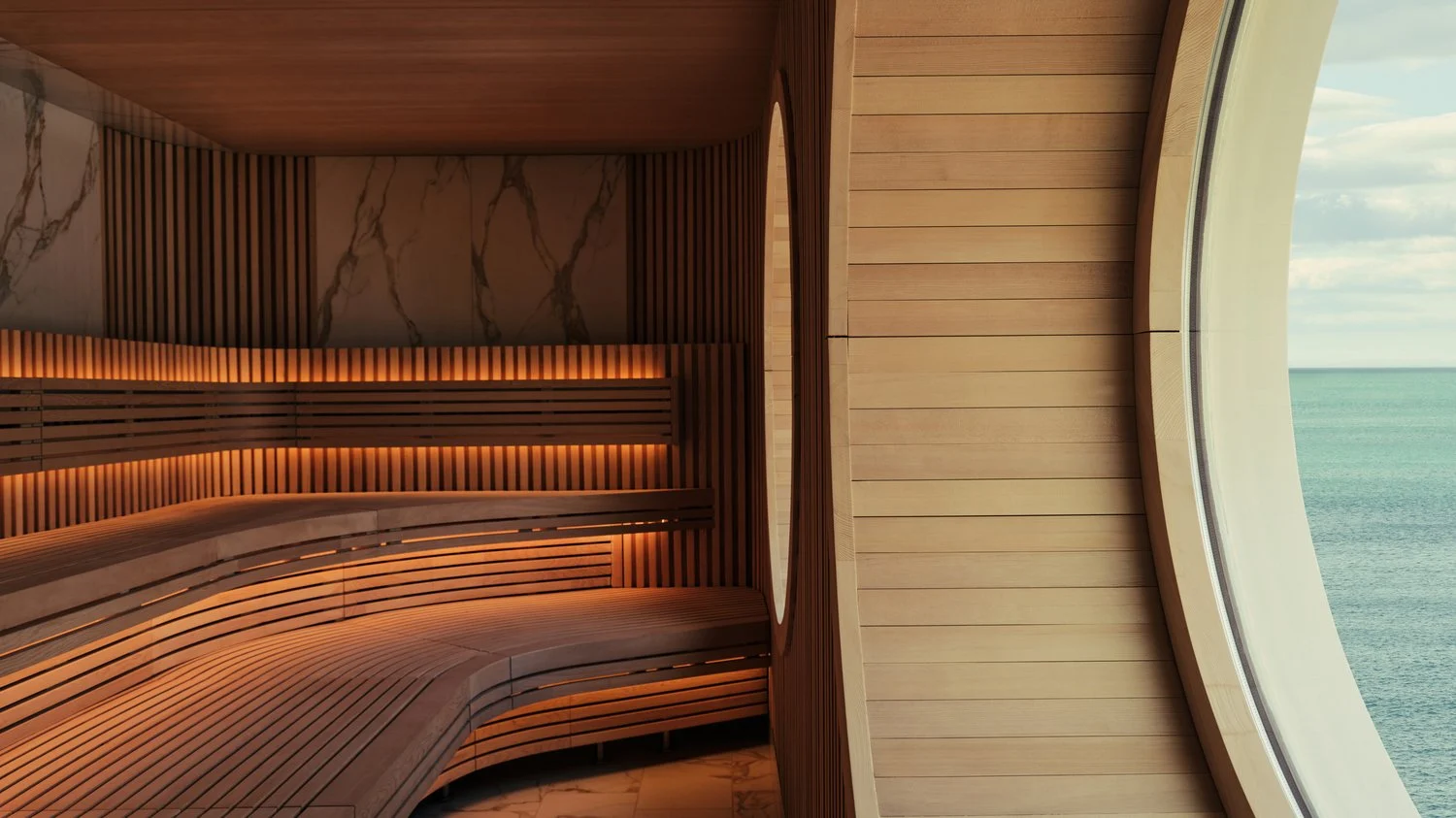 Le sauna du Four Seasons I et son hublot ouvert sur la mer