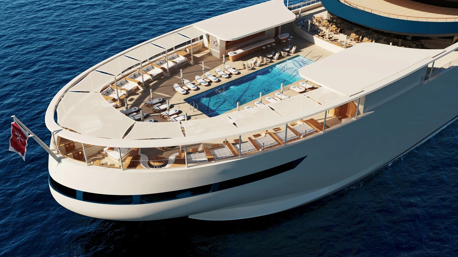 Le yacht Four Seasons I vu du ciel, son pont-piscine et sa terrasse
