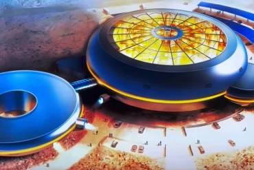 Vue aérienne du futur hôtel 4 étoiles de science-fiction du Futuroscope, deux soucoupes et une verrière circulaire (vue d'artiste)
