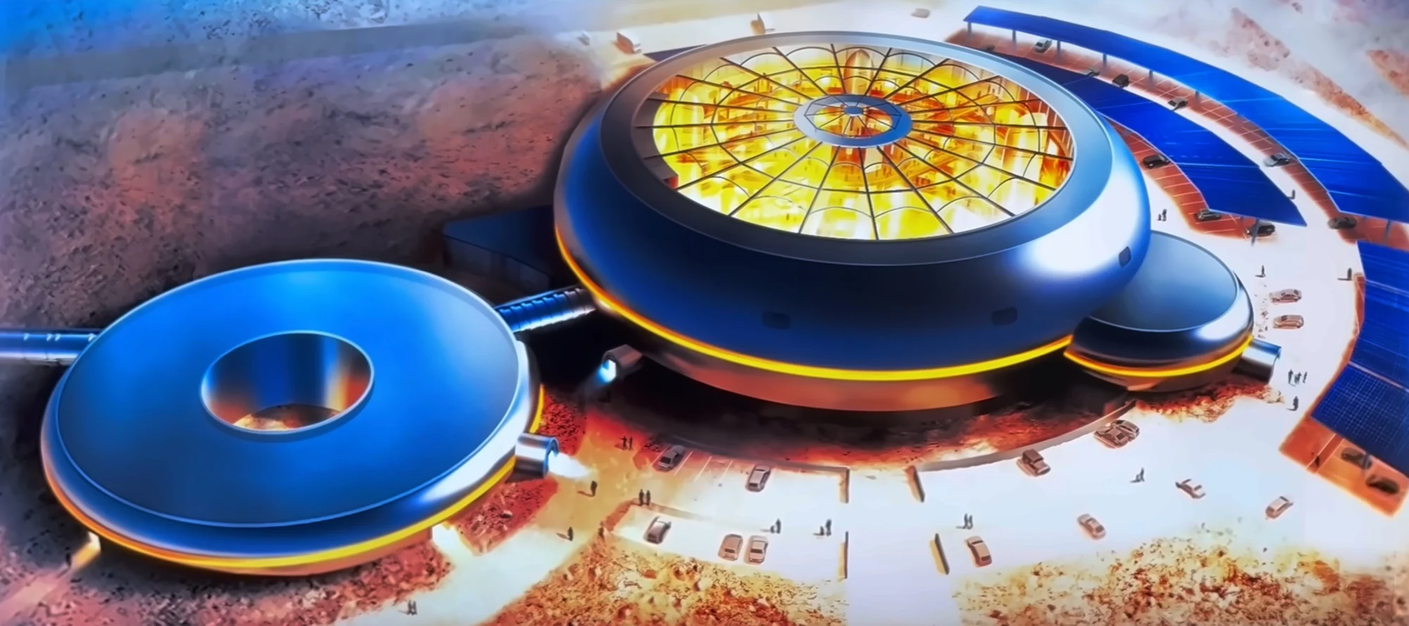 Vue aérienne du futur hôtel 4 étoiles de science-fiction du Futuroscope, deux soucoupes et une verrière circulaire (vue d'artiste)