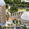 Rendu du Kempinski Shekinah Palace à Douala : une tour hôtelière et un socle de bureaux et de commerces au milieu des jardins de Bonanjo
