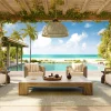 Rendu d’une villa du Nobu Beach Inn à Barbuda, terrasse ouverte sur la piscine et la mer des Caraïbes