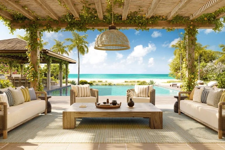 Rendu d’une villa du Nobu Beach Inn à Barbuda, terrasse ouverte sur la piscine et la mer des Caraïbes