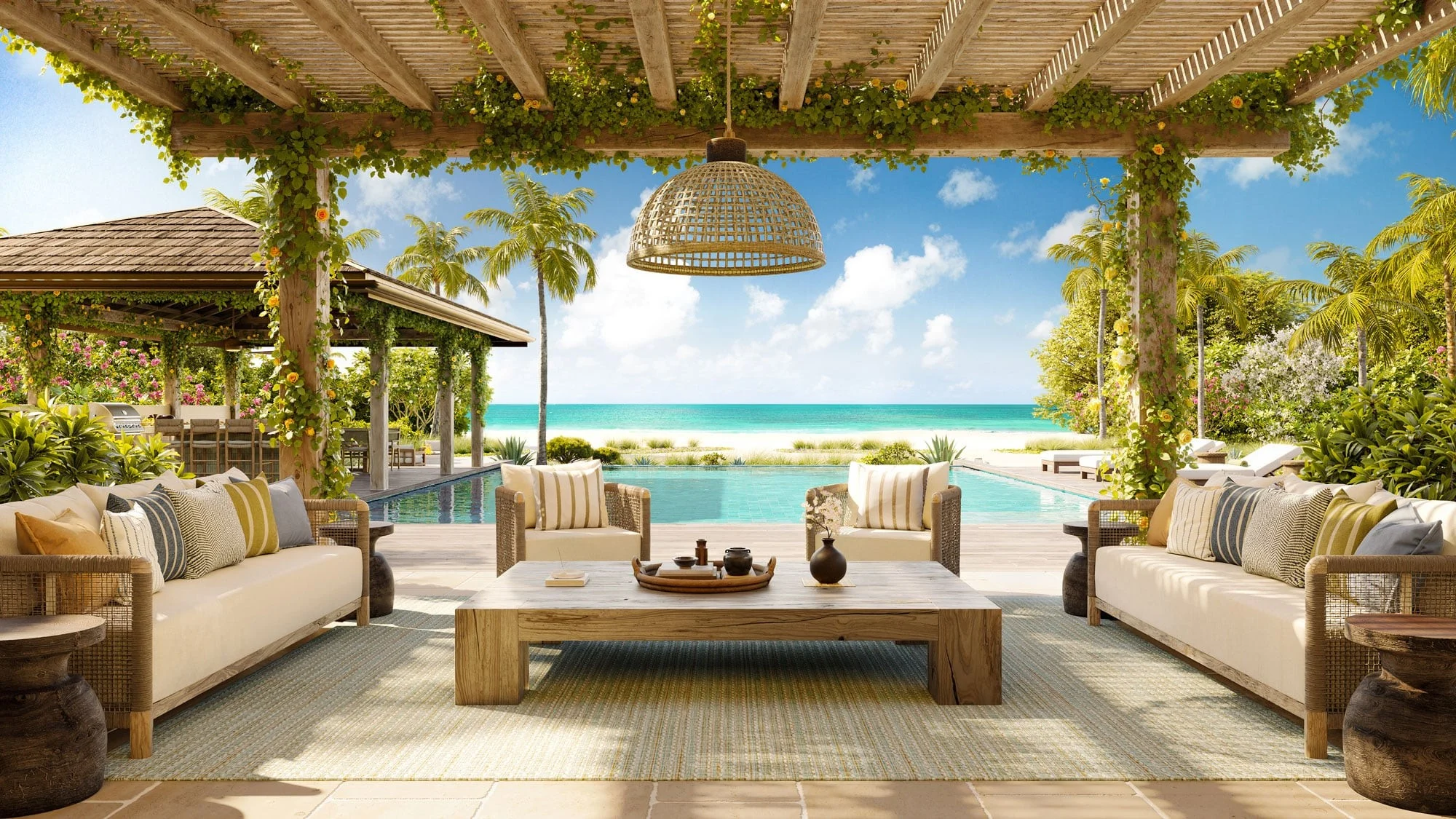 Rendu d’une villa du Nobu Beach Inn à Barbuda, terrasse ouverte sur la piscine et la mer des Caraïbes