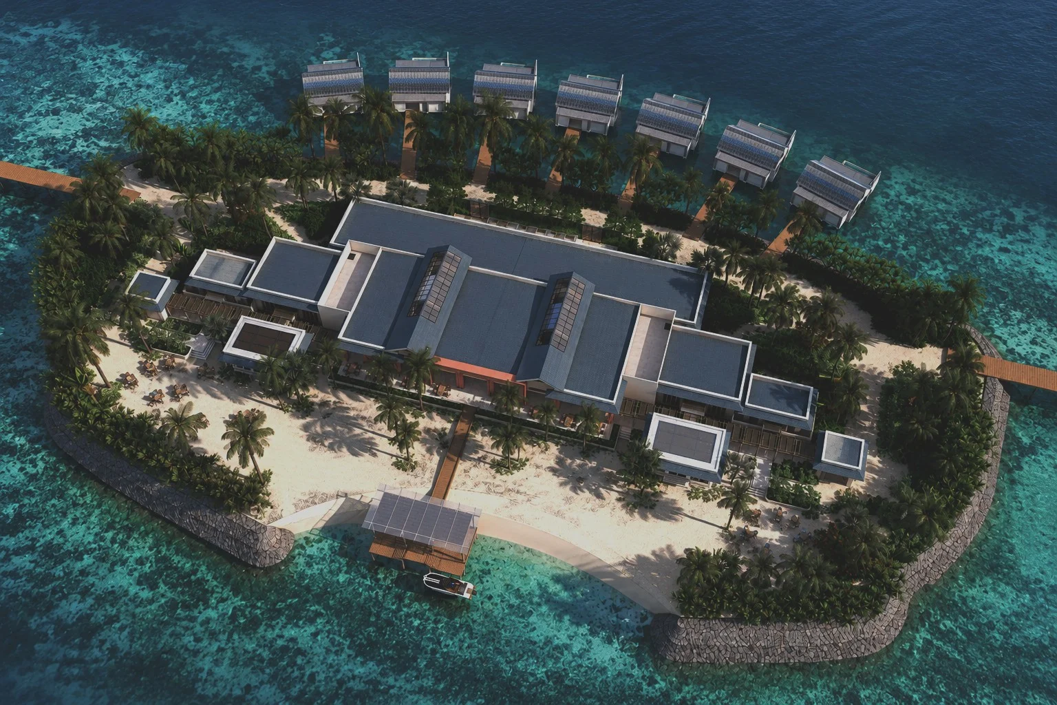 Vue aérienne du futur resort ONE BANYAN Amaraa Faru, dans l'atoll de Kaafu, aux Maldives
