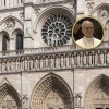 Façade de Notre-Dame de Paris avec, en médaillon, le portrait du pape Léon XIV en visite à Paris les 25 et 26 septembre 2026