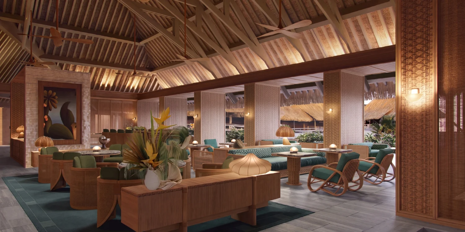 Vue d'artiste du futur Regent Bora Bora, salon ouvert sur le lagon (image IHG Hotels & Resorts)