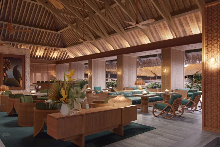 Vue d'artiste du futur Regent Bora Bora, salon ouvert sur le lagon (image IHG Hotels & Resorts)