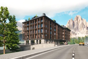 Rendu de la façade en mélèze et pierre de l'hôtel The First Cortina, face aux Dolomites, à Cortina d'Ampezzo