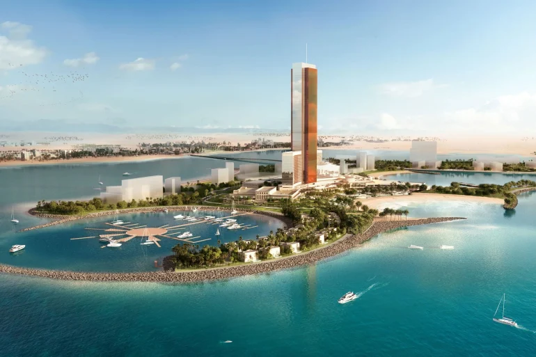 Vue aérienne du futur resort Wynn Al Marjan Island, à Ras Al Khaimah