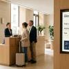 Écran d'affichage dynamique dans le hall d'un hôtel, à côté de la réception, affichant les horaires du petit-déjeuner, du restaurant et du spa