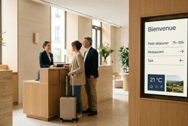 Écran d'affichage dynamique dans le hall d'un hôtel, à côté de la réception, affichant les horaires du petit-déjeuner, du restaurant et du spa