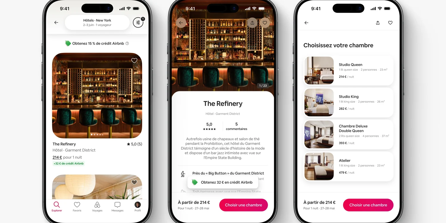 Trois écrans de l'application Airbnb : liste d'hôtels avec 15 % de crédit, fiche d'un hôtel et choix de la chambre