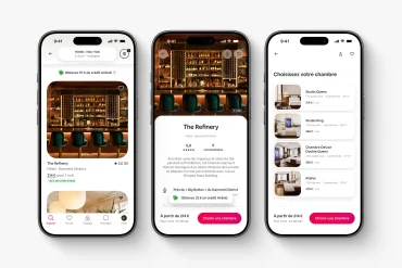 Trois écrans de l'application Airbnb : liste d'hôtels avec 15 % de crédit, fiche d'un hôtel et choix de la chambre