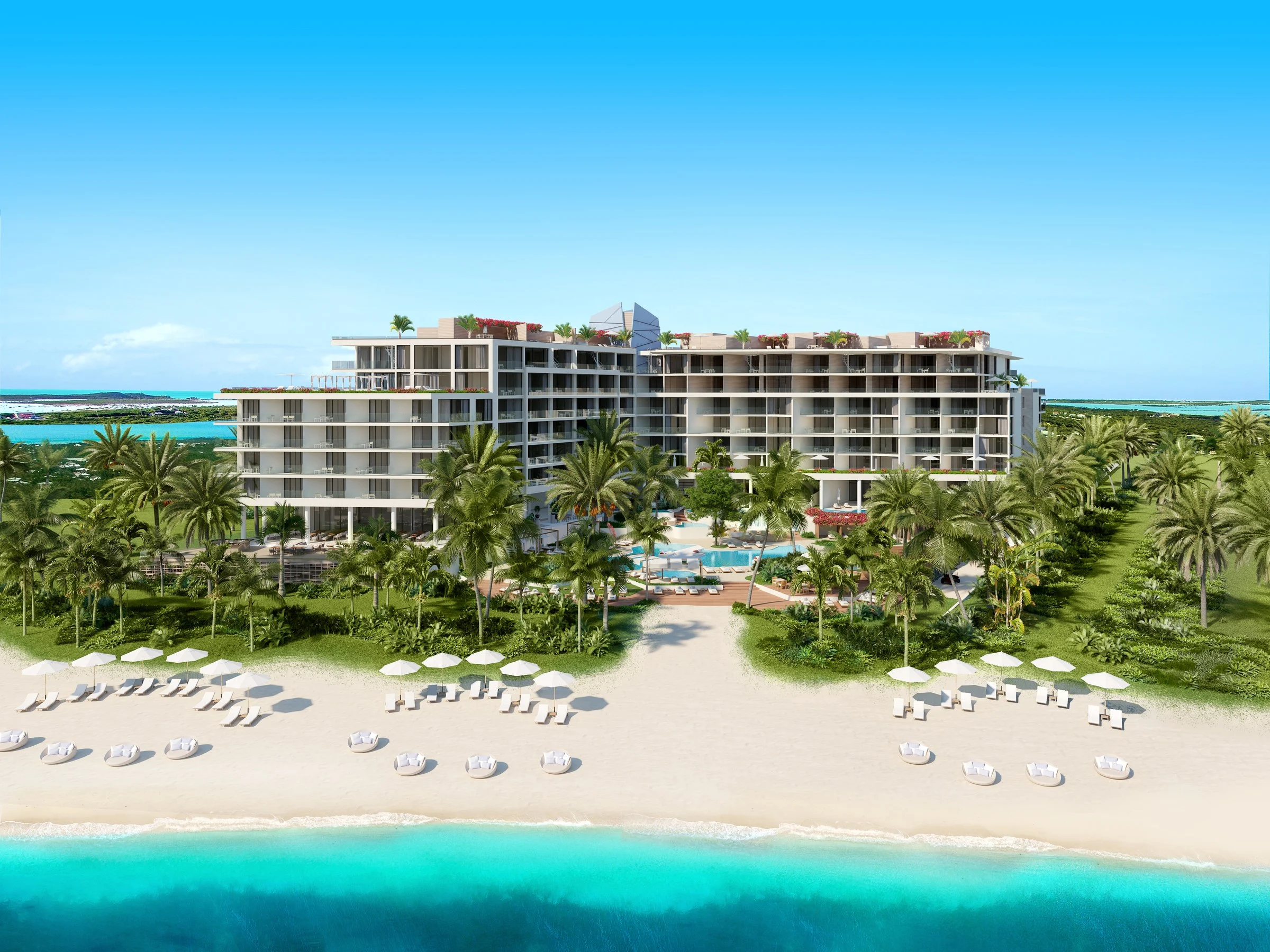 Rendu de l'Andaz Turks & Caicos at Grace Bay vu depuis la plage de Grace Bay, ses deux bâtiments, ses palmiers et ses transats