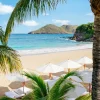 Parasols blancs et palmiers de Cheval Blanc St-Barth sur la plage des Flamands